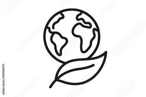 Earth globe with leaf symbol, environmental eco icon vector, sustainable green planet outline, nature conservation, global ecology design for web and graphic use, environment awareness concept