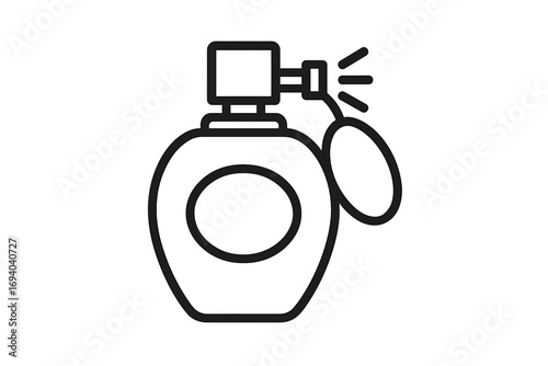 Perfume icon with atomizer. Vintage bottle spray. Vector line art. Fragrance, scent, aroma concept. Beauty, cosmetic, fashion, luxury, glamour symbol for design element.