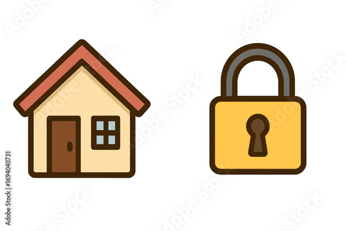 Home security icon with house and padlock. Concept of property protection, real estate safety, and mortgage lock. Vector illustration for web, app. Stay home, lockdown.