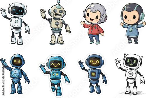 Cartoon robot and humanoid characters with smiling faces, waving hands, unique designs, and friendly expressions for tech, mascot, kids, and AI themes