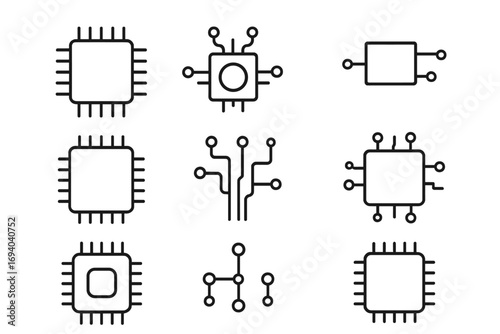 Set of chip and processor line icons. Microchip, CPU, and circuit board vector elements. Minimalist technology pictogram collection with editable stroke for app and web design.