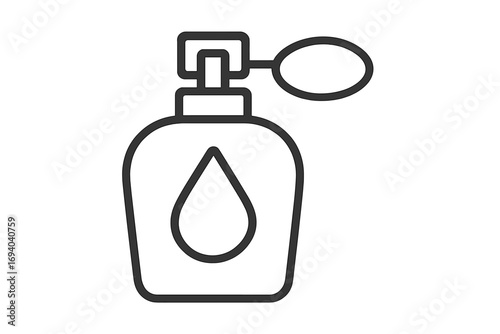 Perfume bottle line icon. Vintage fragrance atomizer spray. Beauty cosmetic symbol. Scent, glamour, aroma concept. Liquid drop pictogram. Outline vector illustration for design.