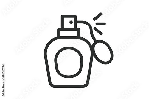 Perfume bottle icon with atomizer spray. Vector line art illustration. Concept for fragrance, scent, beauty, cosmetic, glamour, aroma, toiletries, salon, spa, luxury good.