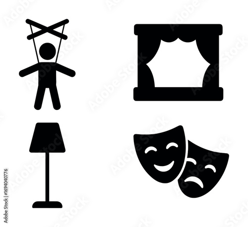 Theatrical elements: puppet, stage, lamp, and drama masks illustration