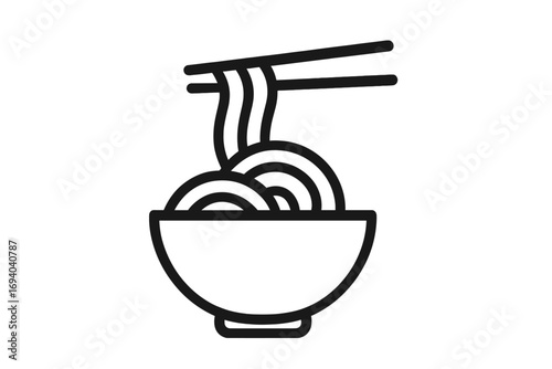 Noodle bowl icon with chopsticks. Asian food concept. Ramen soup logo for restaurant menu. Minimalist line art vector illustration. Japanese, Chinese, Korean cuisine symbol.