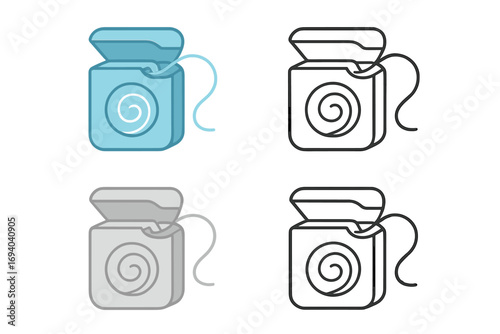 Vector illustration of dental floss container with open lid and coiled floss for dental care, oral hygiene, teeth cleaning, and health concept graphic design set