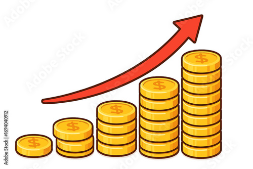 Stack of gold coins with upward financial growth arrow, increasing money investment concept, business profit rise, wealth accumulation vector cartoon illustration with transparent background
