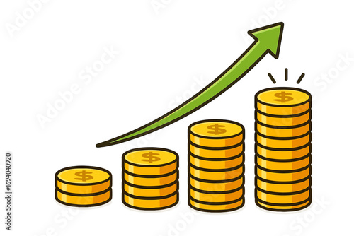 Stack of golden coins with increasing financial growth arrow, business profit and investment concept, vector cartoon illustration with transparent background, money wealth and success icon