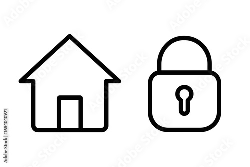 House and padlock icons for home security concept. Property protection symbol. Real estate safety graphic. Secure access, privacy, lockdown pictogram. Vector line art.