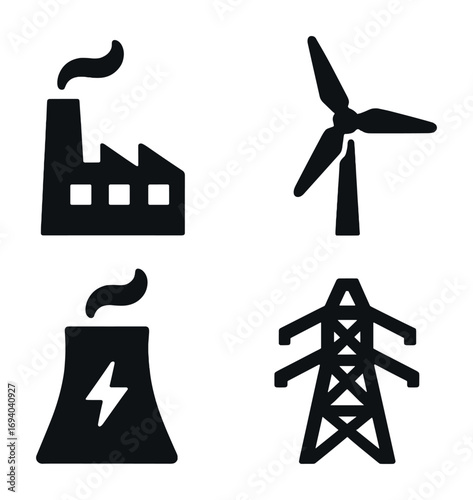Icons representing different energy sources: factory, wind turbine, nuclear plant, power lines