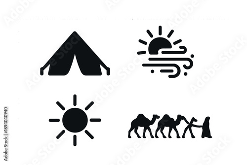 Camping and desert journey with iconic sun and camel illustrations