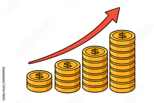 Stack of gold coins with financial growth arrow concept, increasing money investment, profit and savings illustration, business finance success, wealth accumulation vector