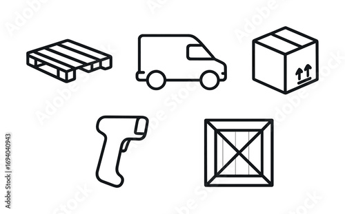 Logistics and shipping icons: pallet, van, box, scanner, crate