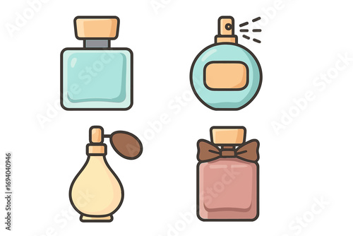 Perfume bottle vector icon collection. Cartoon set of isolated fragrance containers. Beauty and cosmetic product packaging. Scent spray, atomizer, and vintage flacon design element.