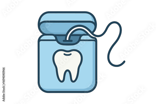 Line illustration of dental floss with tooth icon in blue case, oral hygiene concept, dental care vector, teeth cleaning tool, transparent background, cartoon style graphic for apps and health