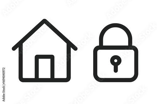 Home security icons. House and lock symbol. Concept for real estate safety, property protection, insurance. Stay at home, lockdown, quarantine pictogram. Vector line art.