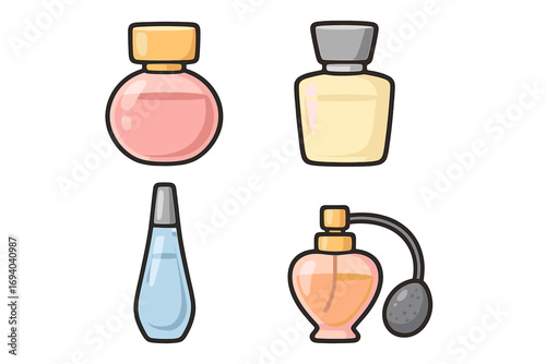 Set of perfume bottles vector line icons. Cartoon illustration of various fragrance containers, vintage atomizer, and modern cosmetic spray bottles for beauty and fashion concepts.