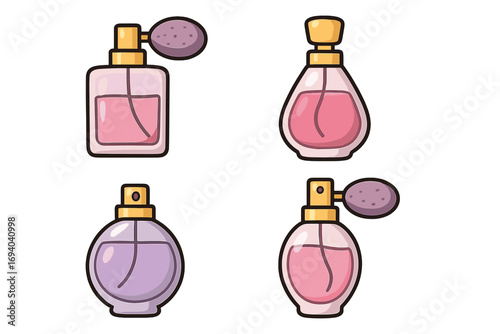 A versatile set of perfume bottle vector icons. Includes various fragrance spray bottles and classic atomizers. Isolated cartoon illustration for beauty, fashion, and glamour concepts.