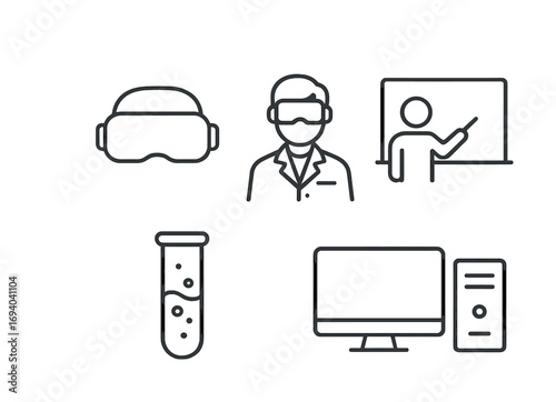 Virtual reality and science education icons: vr headset, scientist, teacher, chemistry, computer