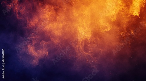 Dark purple, orange & light amber background—textured canvas, dust texture, soft focus, smoky atmosphere; orange fire (with yellow bottom flames) in upper right, lower left & frame side