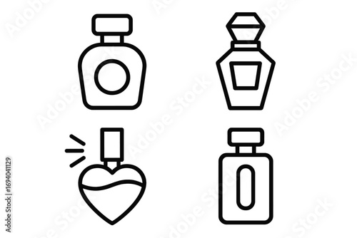 Perfume bottle outline icon set for graphic design. Vector line art illustration of fragrance, scent, and cosmetic products. Simple spray bottle and flacon symbols for beauty apps.