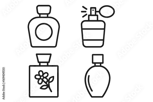 Set of perfume bottle line icons. Fragrance, scent, and cosmetic product symbols. Vector outline illustration for beauty, glamour, and fashion design. Atomizer spray.