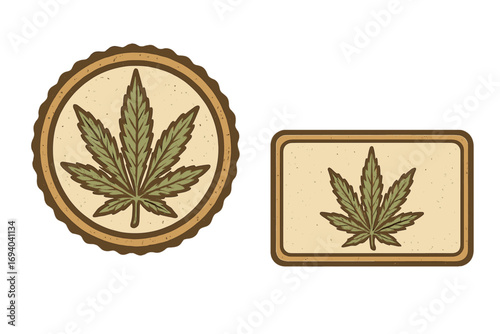 Vintage cannabis logo and business card design set with retro style marijuana leaf icon, rustic textured badge and framed vector illustration, natural herb concept, organic product branding