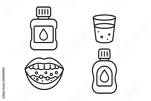 Mouthwash vector set with mouth rinse, antiseptic bottle, and fresh breath concept, oral hygiene illustration, dental care, health and wellness graphic, transparent background