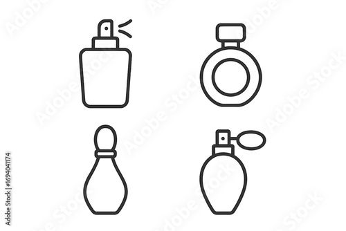 Perfume bottle line icon set. Fragrance spray, cologne and parfum flacon collection. Beauty cosmetic product outline symbol. Vector glamour scent packaging linear pictogram.