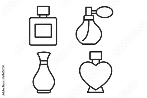 Perfume bottle outline icon set. Fragrance line art collection for beauty and cosmetics. Vector illustration of various flacon shapes, atomizer and spray. Glamour symbols.