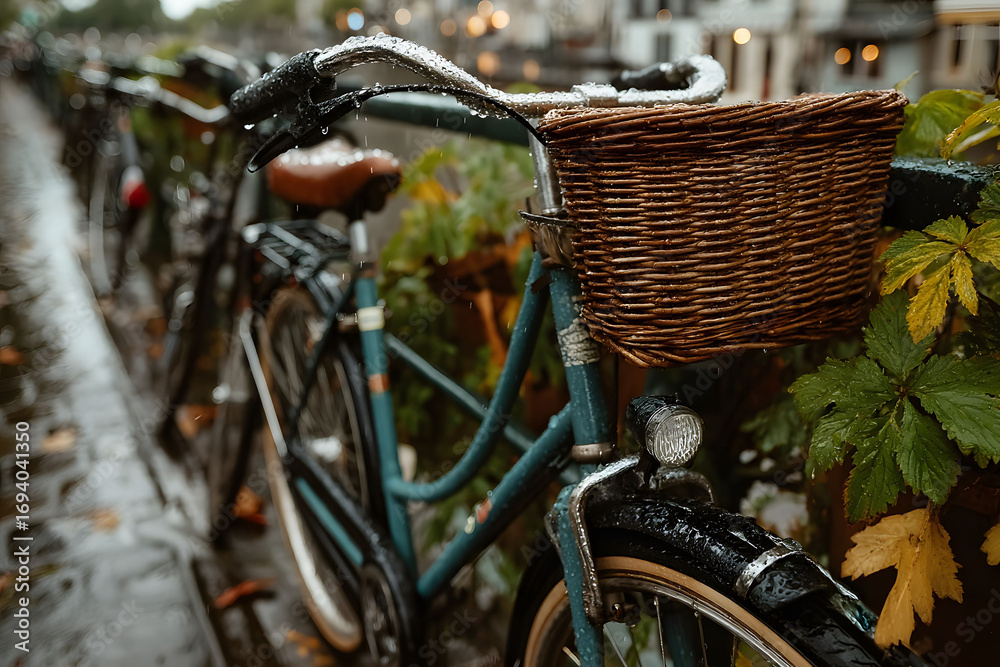 Obraz premium Vintage Bicycle with Basket on Rainy Urban Street for Autumn Designs