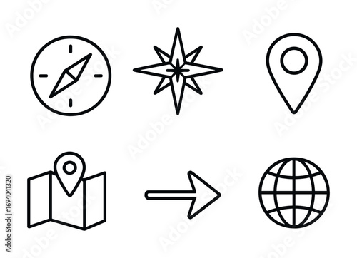 Simple black and white navigation icons including compass, map, and globe