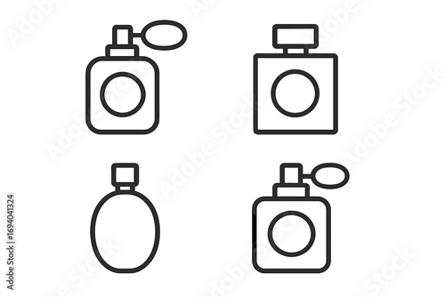 Perfume bottle outline icon set. Minimalistic line art collection for cosmetics and beauty. Fragrance spray and scent flacon vector illustration for graphic design, web, app.