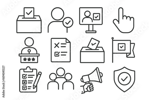 Election and political icon set. Thin line icons for voting, democracy, and government. Symbols for ballot, poll, candidate debate, campaign, and secure choice concept.