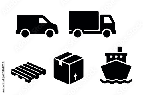 Silhouette transport icons: van, truck, ship, pallet, box