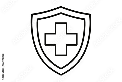 Medical shield with cross icon, healthcare protection symbol, vector outline graphic for medical apps, safety emblem, health care concept illustration, transparent background