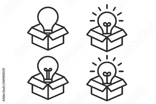 Light bulb in a box vector icon set. Thinking outside the box metaphor for creative idea, innovation, startup, solution, and brainstorming. Modern outline style illustration.