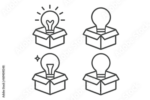 Think outside the box concept with light bulb icon set. Creative idea, innovation, and solution symbol. Unpacking a new brilliant product. Outline vector illustration.