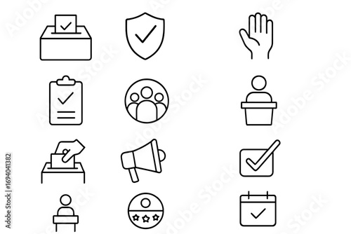 Election icons thin line set. Voting, politics, democracy symbols. Ballot box, vote, government pictogram. Political campaign, referendum, citizen vector signs for web, apps.