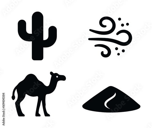 Desert icons set featuring cactus, wind, camel, and sand dune silhouettes