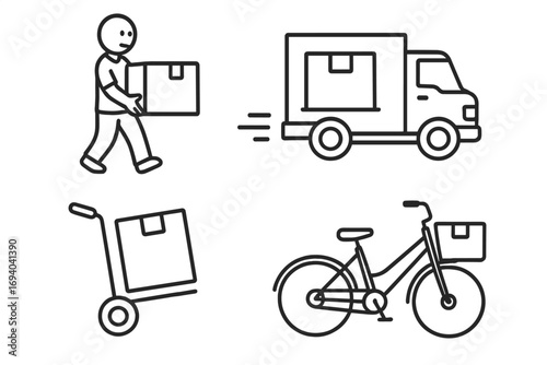 Linear vector illustration of box transportation concept with courier carrying package, delivery truck, hand trolley, and bicycle for fast shipping and logistics services
