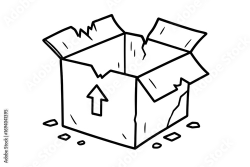 Damaged delivery box icon. Broken cardboard package vector. Concept for shipping problems, fragile goods, poor handling. Empty, open, and torn container line art cartoon.