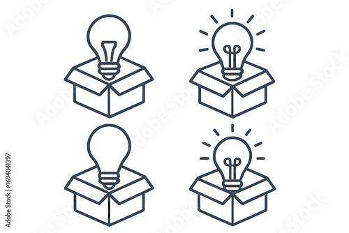Thinking outside the box concept. Light bulb in a box icon set. Metaphor for new idea, innovation, creativity. Brainstorming and solution. Unpacking new product or startup.