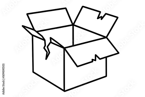 Broken open cardboard box vector illustration. Damaged package icon for delivery and shipping concepts. Fragile goods symbol. Empty container line art for graphic design.