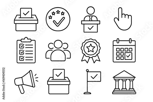 Election and voting thin line icon set. Political campaign and democracy symbols. Ballot box, vote, poll, candidate, and government vector outline icons for web design.