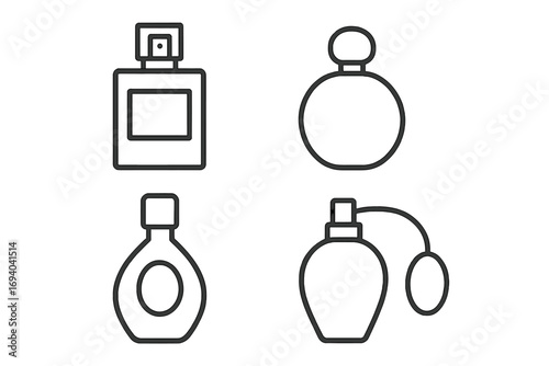 Perfume bottle line icon set. Vector illustration of various fragrance, scent, and cologne containers. Cosmetic, beauty, and glamour concept. Outline graphic element.