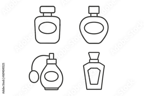 Perfume bottle line icon set. Fragrance, scent, and cologne outline symbols for beauty and cosmetics. Vector illustration for web, apps, and graphic design. Luxury glamour spray.