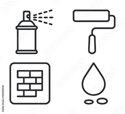 Minimalist icons of spray paint roller brick wall texture dripping liquid symbols