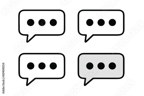 Speech bubble vector icon set for chat, message, comment. Communication symbol collection for apps. Dialogue graphic. Thinking, typing, or waiting ellipsis concept illustration.