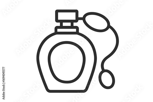 Vintage perfume bottle with atomizer spray pump. Line art icon for beauty, fragrance, and cosmetic concepts. Vector illustration for glamour, fashion, and aromatherapy design.